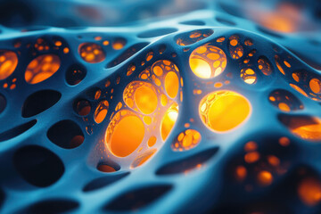 Poster - Abstract 3D render of a porous, undulating surface with glowing orange interiors, resembling a cellular structure or futuristic material.