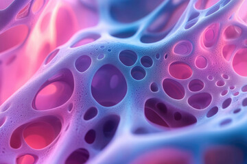 Poster - Abstract 3D render of a porous, biomorphic structure illuminated with pink and blue gradient lighting.