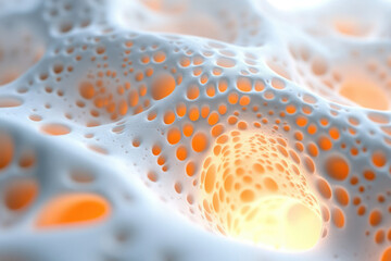 Wall Mural - Abstract 3D rendering of a porous, spongy surface with glowing orange inner structures.