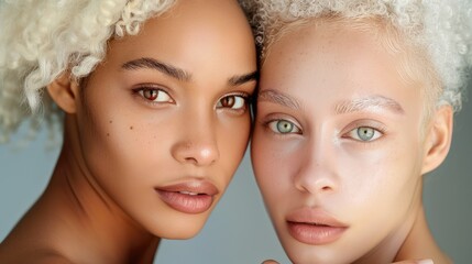 Wall Mural - Two young women with curly blonde hair pose closely together, showcasing natural beauty against a soft background