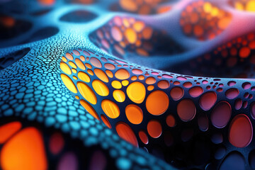 Poster - Abstract 3D render of a textured surface with glowing circular holes, creating a mesmerizing and vibrant pattern.