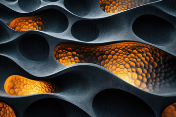 Poster - Abstract 3D rendering of a dark gray surface with glowing orange, cavernous recesses.