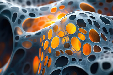 Poster - Abstract 3D render of a porous, organic-looking structure with glowing orange inner cavities.