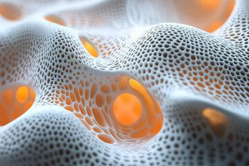 Poster - Abstract 3D rendering of a porous, undulating white surface with orange inner glow, resembling a complex network or cellular structure.