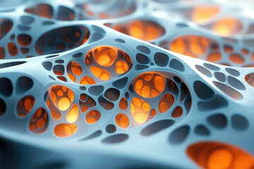 Poster - Abstract 3D render of a porous, interconnected structure with glowing orange inner cavities.