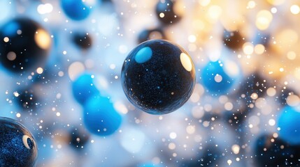 Poster - Textured metallic spheres hovering over soft blue gold bokeh background, forming intricate geometric composition with luminous reflective surfaces