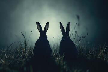 Wall Mural - Nocturnal Companions: Two Adorable White Rabbits Enjoying the Night