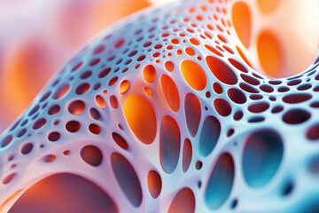 Wall Mural - Abstract 3D render of a porous, interconnected structure with vibrant orange and blue hues.