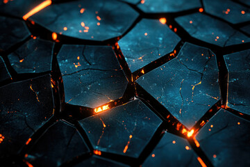 Poster - Cracked dark surface with glowing orange fissures, abstract texture.