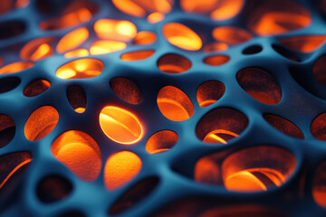 Poster - Abstract 3D render of a dark blue porous surface with glowing orange interiors, resembling a network or sponge.
