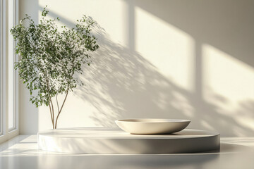 Poster - Minimalist room with a white podium, a bowl, and a small tree, bathed in sunlight.