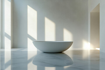 Poster - A minimalist modern bathroom features a sleek, white freestanding bathtub, bathed in sunlight, set against a bright white marble floor and wall.