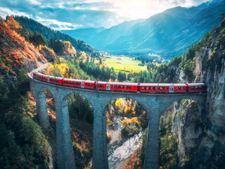 Wall Mural - aerial view of modern red train on landwasser viaduct in alpine mountains, orange forest at sunset i