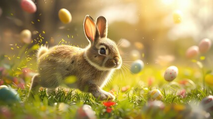 Canvas Print - Playful rabbit hopping through a vibrant meadow filled with colorful Easter eggs under a warm, sunny sky