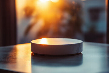 Aufkleber - A minimalist white cylindrical object sits on a table, backlit by a warm sunset.