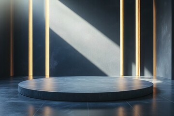 Wall Mural - Circular marble platform in a minimalist room with gray walls and golden accents, bathed in sunlight.