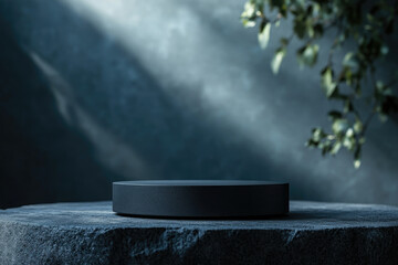 Poster - Dark moody scene with a black cylindrical podium on a stone surface, bathed in dramatic light and greenery.