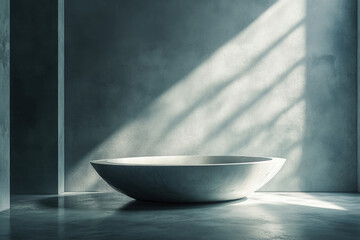 Poster - A minimalist concrete bathtub sits in a sunlit, modern bathroom.