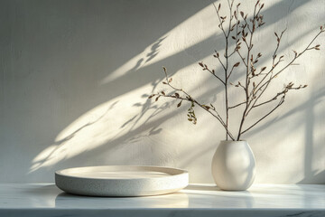Poster - Minimalist scene with a white concrete tray, a vase with dried branches, and sunlight casting shadows on a light wall.