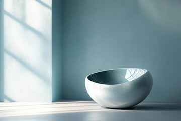 Poster - A modern, light blue bowl sits in a minimalist, sunlit room, showcasing serene design.