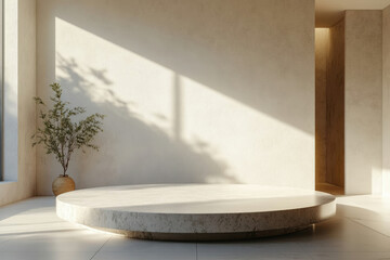 Poster - Minimalist interior scene with a round stone podium, plant, and sunlight casting shadows on a light beige wall.