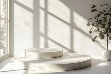Poster - Minimalist white podium with sunlight and shadows, showcasing product display in a serene setting.