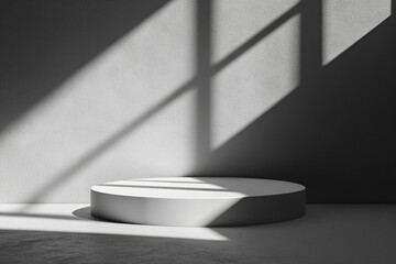 Poster - Minimalist white cylindrical podium bathed in sunlight against a textured wall, creating a serene and stylish display.