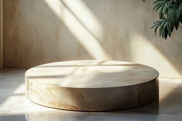 Poster - Elegant round marble display stand bathed in sunlight, perfect for product showcasing or minimalist design.