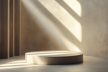 Aufkleber - Minimalist beige studio with sunlit cylindrical podium, perfect for product display or presentation.