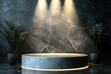 Poster - Elegant marble podium illuminated against a dark marble backdrop, flanked by potted plants.