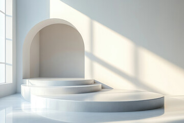 Aufkleber - Minimalist white platform with arched niche, sunlit, ideal for product display or presentation.