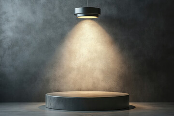 Poster - A spotlight illuminates an empty cylindrical platform against a textured dark gray wall, creating a dramatic and minimalist scene.