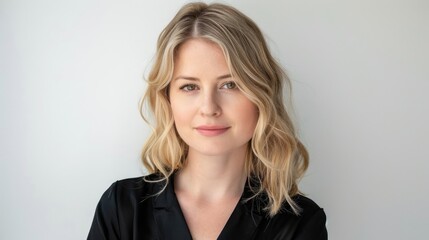 Wall Mural - Portrait of a woman with wavy blonde hair against a neutral background, exuding confidence and warmth