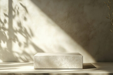 Poster - Minimalist beige stone podium bathed in sunlight, showcasing a clean aesthetic with plant shadows.
