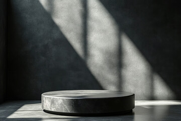 Aufkleber - Dark, moody, minimalist scene with a round stone podium bathed in sunlight.