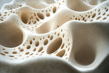 Poster - Abstract beige textured surface with numerous holes resembling porous bone or sponge-like material.
