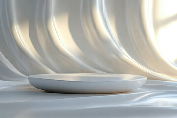 Poster - Elegant white platform on flowing silk backdrop, ideal for product display or minimalist aesthetic.
