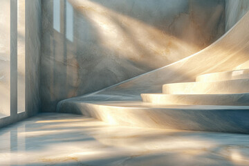 Poster - Sunlit marble staircase, minimalist design, elegant and modern architecture.