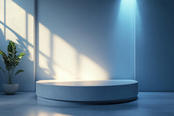 Poster - Minimalist studio with a circular platform, plant, and sunlight casting shadows on a blue wall.