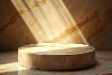 Poster - A round marble podium bathed in sunlight against a beige marble wall, creating a luxurious and elegant display.