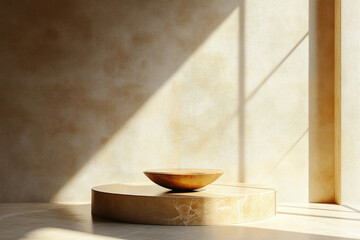 Poster - A minimalist beige room with a golden bowl on a marble podium, sunlit.