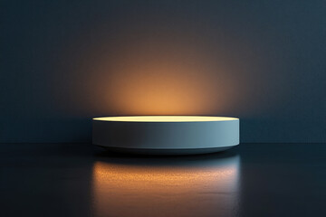 Poster - A minimalist, illuminated, cylindrical platform against a dark wall, creating a sleek and modern aesthetic.