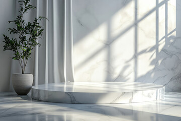 Poster - Minimalist scene with a round marble podium, plant, and sheer curtains, bathed in sunlight.