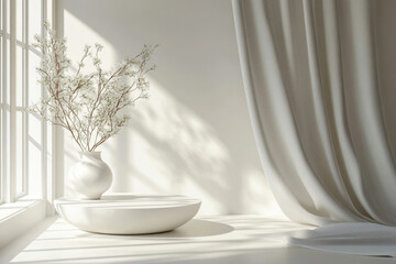 Poster - Minimalist white room interior with blooming branches in a vase on a round pedestal, sunlight streaming through a window, and a sheer curtain.