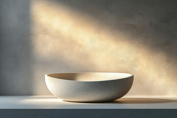Poster - A speckled, oval-shaped basin sits on a light surface against a textured wall, bathed in soft sunlight.