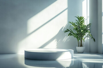 Poster - Minimalist room interior with a white round podium, plant in pot, and sunlit wall.