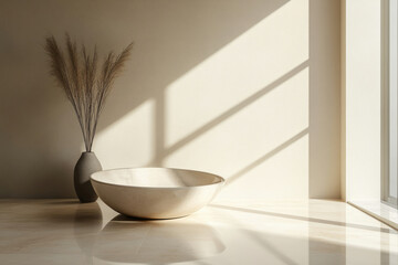 Poster - Minimalist bathroom interior with a freestanding bathtub, pampas grass in a vase, and sunlight streaming through a window.