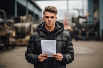 A young man stands confidently in an industrial area, holding a document. He is dressed in a black jacket, surrounded by machinery and workers, showcasing a busy environment.