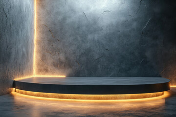 Poster - Circular concrete platform with warm lighting against a textured wall, ideal for product display or presentation.