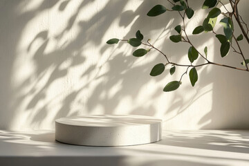 Poster - Minimalist product display with a white cylindrical stand, sunlight casting shadows, and a leafy branch.